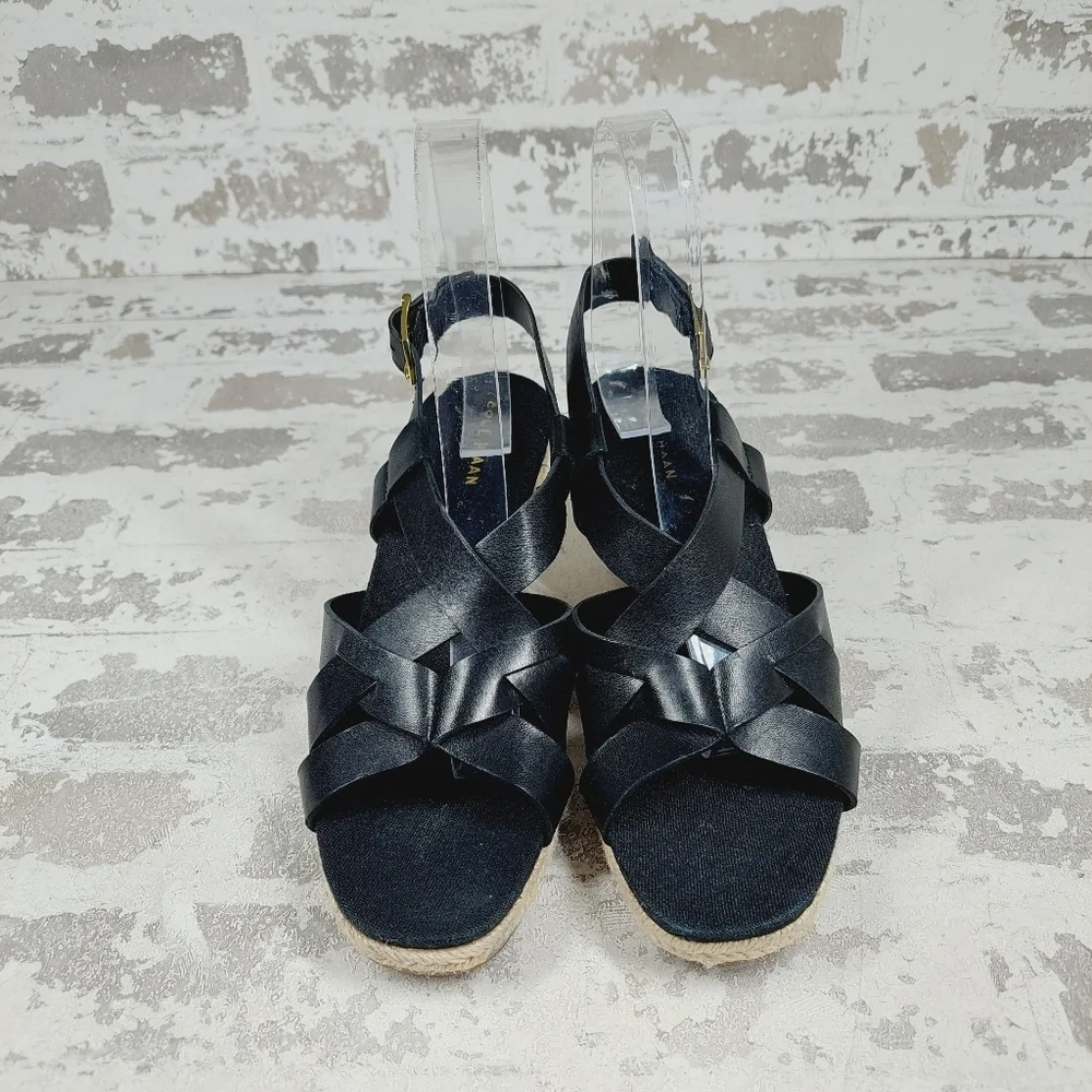 NEW Cole Haan Crystal Black Leather Buckle Sling Back Summer Wedge Sandals M511